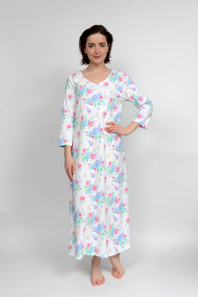Long Sleeve V-Neck Nightgown w 3/4 sleeves in Peony Floral print
