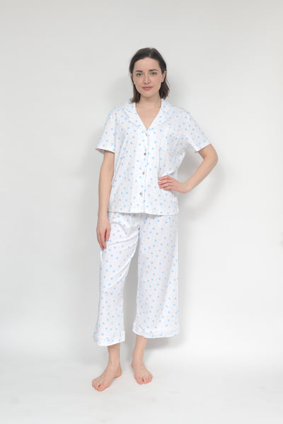 Blue Sunflower Dot Satin Piped Capri Pajama